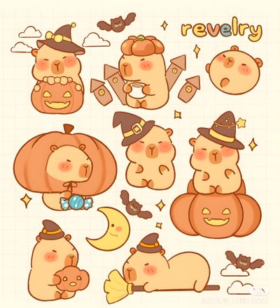 a bunch of cartoon bears with pumpkins and witches Cute Capybara Halloween Cute Simple Capybara, Cute Capybara Halloween, Chibi Chibi Cute Capybara Cartoon Pinterest, cornsilk