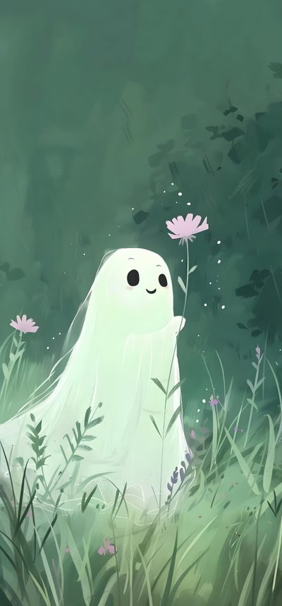 a ghost is standing in the grass with daisies around it and looking at something Aesthetic Sage Green Halloween Magic Art Aesthetic, Cute Backgrounds Aesthetic, Cute Ghost Aesthetic, dim gray