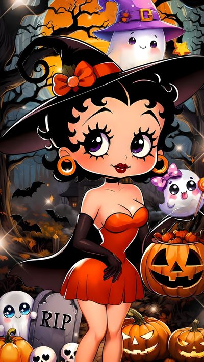 a cartoon girl dressed as a witch with pumpkins Betty Boop Halloween Betty Boop Thanksgiving, Betty Boop Halloween, Betty Boop Halloween Ghost, saddle brown