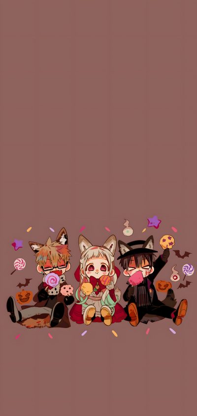 three anime characters sitting on the ground with donuts and sprinkles around them Tbhk Halloween Fall Anime, Halloween Phone, Anime Fall, Trio, Tbhk, Toilet Bound Hanako Kun, dim gray