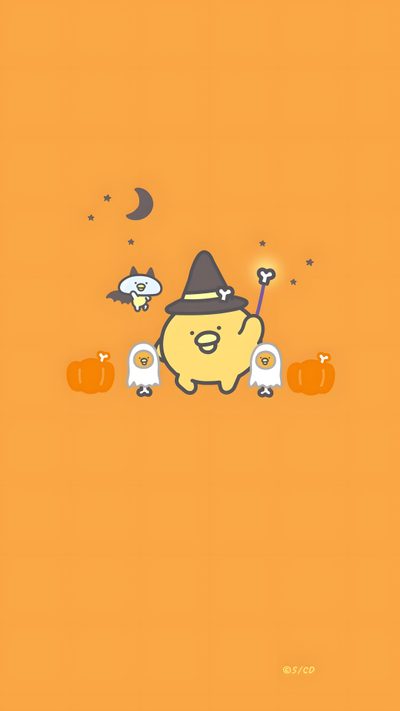 an orange background with some cartoon characters and pumpkins on the bottom right corner, one person holding a broom Gudetama Halloween Lisa Simpson, Snoopy, Fictional Characters, sandy brown