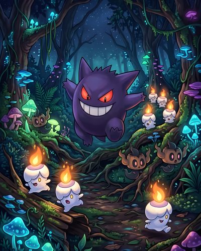 an image of a cartoon character surrounded by mushrooms and other creatures in the woods with glowing eyes Ghost Pokemon Halloween Dark Pokémon, Goth Pokemon, Phantump Pokemon, dark slate gray