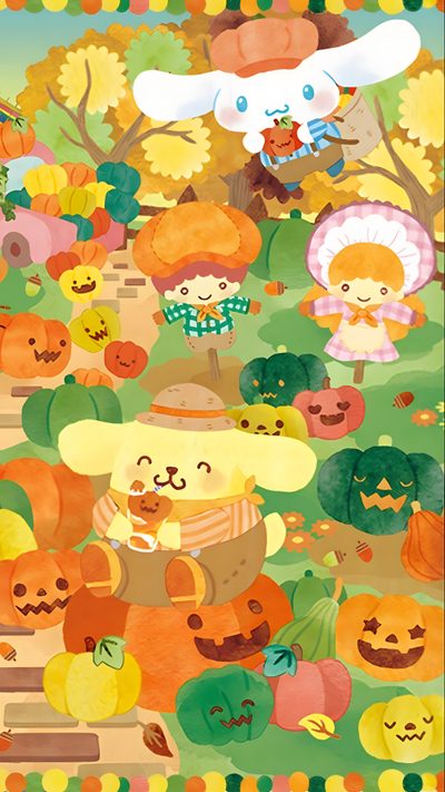 a painting of many pumpkins and animals in a field with trees, grass, and leaves Kawaii Sanrio Halloween Autumn Cinnamoroll, Pompompurin Autumn, Fall Sanrio, Thanksgiving Sanrio, sandy brown