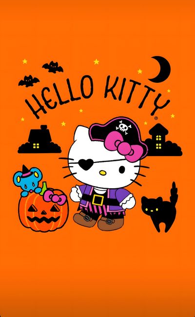 hello kitty is holding a pumpkin and wearing a pirate hat while standing in front of an orange background Halloween With Hello Kitty In A Hat Hello Kitty And Friends Halloween, Halloween Hello Kitty For Ipad, Hello Kitty Pumpkin, dark orange
