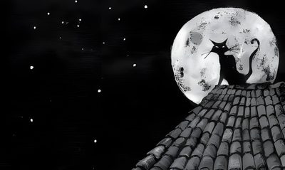 a black and white drawing of a cat on top of a roof with the moon in the background Desktop Black Cat Halloween Goth Ipad, Tom Burton Aesthetic, Tim Burton Ipad, Burtonesque Aesthetic,