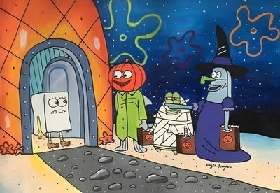 an image of halloween scene with cartoon characters Spongebob Halloween Spongebob Halloween, Yankee Candles, Comics Anime, Halloween Iphone, dim gray