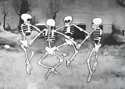 three skeletons are dancing in the grass with their arms around each other, and one skeleton is Scary Halloween Gif Spooky Skeleton Dance Gif, Skeleton Dance Cartoon Gif, The Skeleton Dance 1929 Disney, dark gray