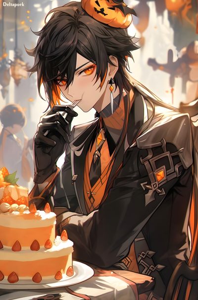 an anime character holding a knife to a cake Halloween Anime Boy Zhongli Birthday Art 2024, Halloween Zhongli, Genshin Impact Halloween, sienna