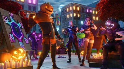 a group of people dressed up in costumes and pumpkins standing on a city street Halloween Fortnite Fortnite, dark slate gray