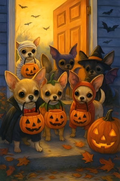 Fall Dog, Halloween Scene, Fall Fun, Haunted House, Dia De Los Muertos, Chihuahua, Colorful Art, Cute Pictures, Fall Decor Halloween Chihuahua Fall Dog, Halloween Scene, Fall Fun, Haunted House, Dia De Los Muertos, saddle brown