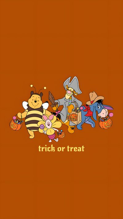 winnie the pooh and friends trick or treat on an orange background with text that reads, Halloween Winnie The Pooh Cute Simple, Disney Halloween, Halloween Cute, Ipad Kids, saddle brown