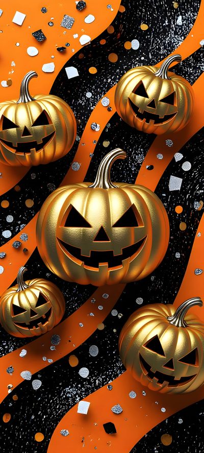 three golden pumpkins on an orange and black striped background with silver confetti Black And Gold And Orange Halloween Cool Halloween Iphone, 3d Halloween, Halloween Screensavers, saddle brown