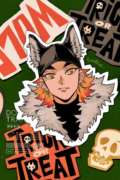 an assortment of stickers and decals on top of a green background, including a cat Rengoku Halloween Inosuke Halloween Fanart, Akaza Halloween Art, Halloween Hashiras, Uzui Halloween, sienna