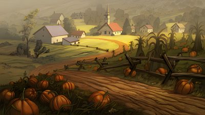 a painting of a country road with pumpkins in the foreground and houses on the other side Old Ways Halloween Over The Garden Wall Pumpkin Village, Over The Garden Wall Setting, Over The Garden Wall Background, dark olive green