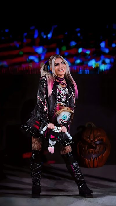 a woman with pink hair and black boots is holding a baby in her arms while posing for the camera Wwe Halloween Alexa Bliss, Alexa Bliss 2025, Alexa Bliss Costume, Screensaver Alexa Bliss, black