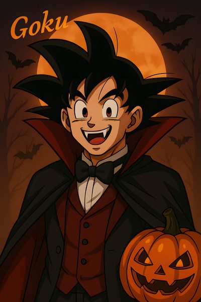 a cartoon character holding a pumpkin in front of a full moon with the words goku on it Halloween Goku Goku Halloween Outfit, Vegito Halloween, Krillin Halloween, Halloween Goku, black