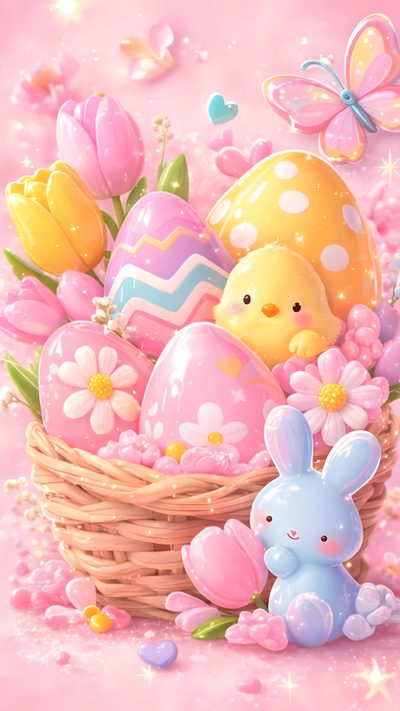 a basket filled with lots of colorful eggs and some little bunny sitting next to it Halloween Easter Ideas Iphone Minimal, Easter Apps, Spring Gingham, Pink Macbook, Spring Magic, Easter,