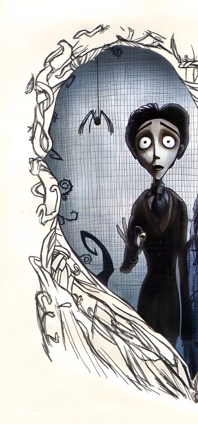 a drawing of a woman standing in front of a mirror with birds flying around her Halloween Matching Corpse Bride Quotes, Corpse Bride Art, Bride Quotes, Tim Burton Corpse Bride, light gray
