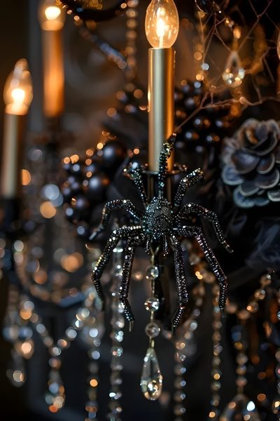 a spider chandelier with candles in the background Halloween Chandelier Glam Halloween Party Decor, Sparkly Halloween Decor, Gothic Glam Halloween, black