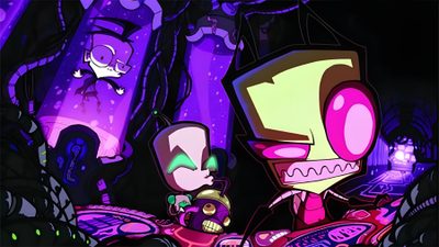 an image of some cartoon characters in the dark with purple lights and trees behind them Invader Zim Halloween Invader Zim Screencaps, Keyboard Gif, Invader Zim Ipad, Gir Laptop, black