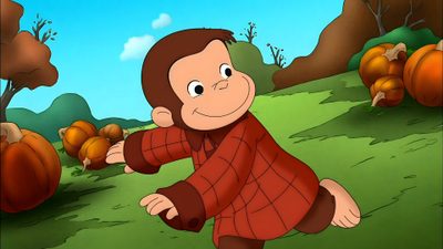 a cartoon character is running through the grass with pumpkins in the backgroud Curious George Ipad Halloween Curious George Ipad Halloween, Curious George Animated Show, Curious George Pumpkin Patch, dark olive green