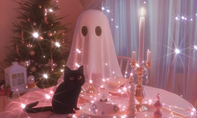 a black cat sitting on top of a table next to a white ghost in front of a christmas tree Pink Halloween Gif Lo-fi Aesthetic, December 24th, Grunge Aesthetic, Cat Life, Cats Of Instagram, gray