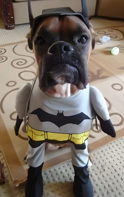 a dog dressed up as batman with its mouth open and tongue out, standing on the floor Halloween Boxer Dog Bat Hound Costume, Batman Looking Dog, Titus Batman Dog, Batman Puppy, dim gray