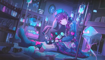 a woman sitting on the floor in front of a lamp Pjsk Halloween Anime Rating, Star Cards, Rhythm Games, Halloween Cards, Danganronpa, Cat Ears, dark slate blue