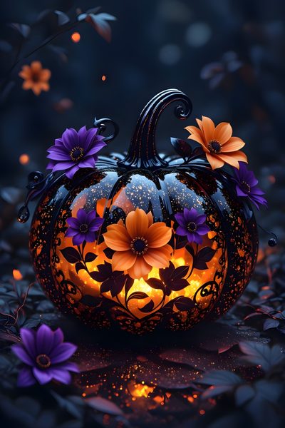 a pumpkin decorated with flowers and lights Halloween Flowers Happy Thanksgiving, Pumpkin, Halloween Backgrounds, Iphone Lights, Halloween Cute, black