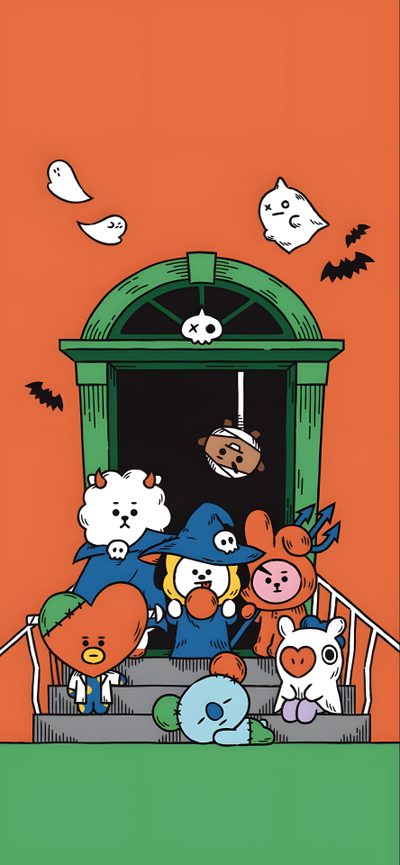 an image of cartoon characters coming out of a door with bats flying around them and pumpkins in the air Bt21 Halloween Keroppi Halloween, Keroppi Fall, Bt21 Christmas, Bt21 Fall, Bt21 Thanksgiving, tomato