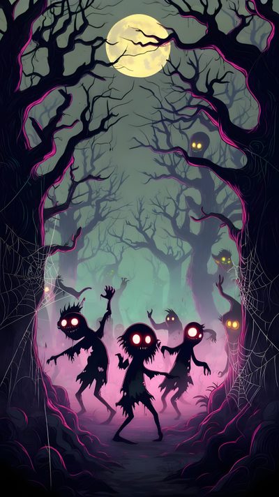two zombies are running through the woods at night, with glowing eyes on their faces Halloween Monsters Cartoon Horror Background, Phone, Screen Savers, Scary Monster Background, dark slate gray