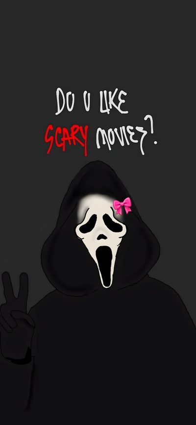 a person in a black hoodie with the words do u like scary movies? Cute Halloween Ghostface Whats Your Favorite Scary Movie, Cute Ghost Face, Do You Like Scary Movies, dark slate gray