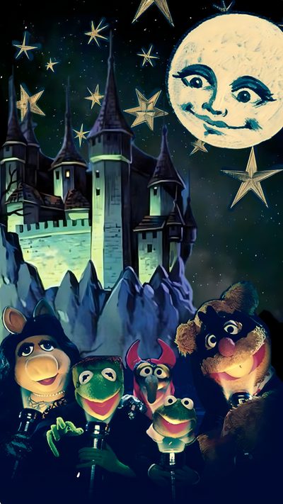 the muppets are standing in front of a castle with stars and moon on it Muppets Halloween Muppets Party, The Muppet Show, Muppet Babies, Jim Henson, Halloween, dark slate gray