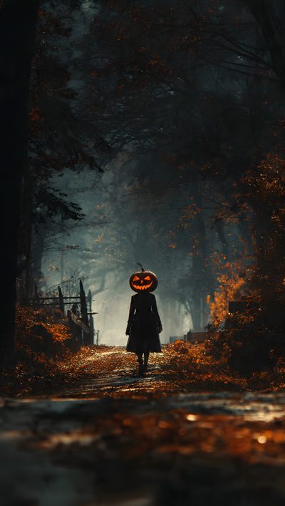 a woman walking down a road holding an orange jack - o - lantern in her hand Halloween Portrait Spooky Hd, Jack O Lantern, Creepy Halloween Iphone, Dark Spooky, black