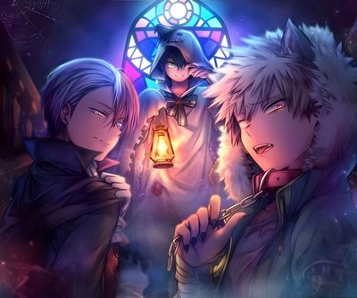 three anime characters standing in front of a stained glass window with a lantern on it My Hero Academia Halloween Mha Halloween, Ny Hero Academia, Hero Halloween, dark slate gray