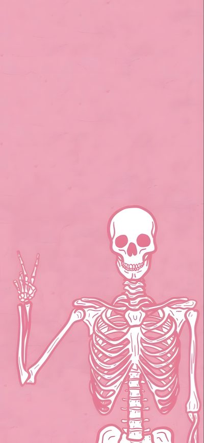 the skeleton is holding up two fingers Pink Halloween Skeleton Aesthetic Iphone, Image Halloween, Halloween, Halloween Backgrounds,