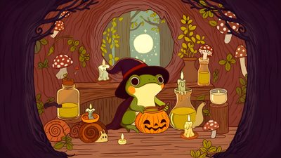 a frog dressed as a witch sitting in front of a table full of halloween items Frog Halloween Frog Halloween, Halloween Frog Gif, Cute Autumn Frog Designs, Autumn Frogs, saddle brown