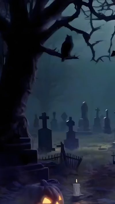 a cemetery with tombstones and candles lit up at night Long Live Halloween Animated Cemetery Background, Animated Cemetery Scene, Halloween Scenery, dark slate gray