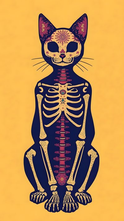 a cat sitting in front of a yellow background with a skeleton on it's back Kitty Skeleton Halloween Cats Cat Skull Art, Cat Design Art, Kitten Mittens, Cat Skeleton, sandy brown