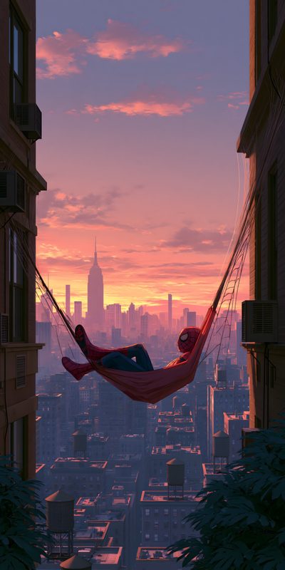 a spiderman hammock hanging from the side of a building in front of a cityscape Spiderman Halloween 4k Iphone Phone Aesthetic Anime, Spiderman New York, Spiderman Hd 4k, dark slate gray
