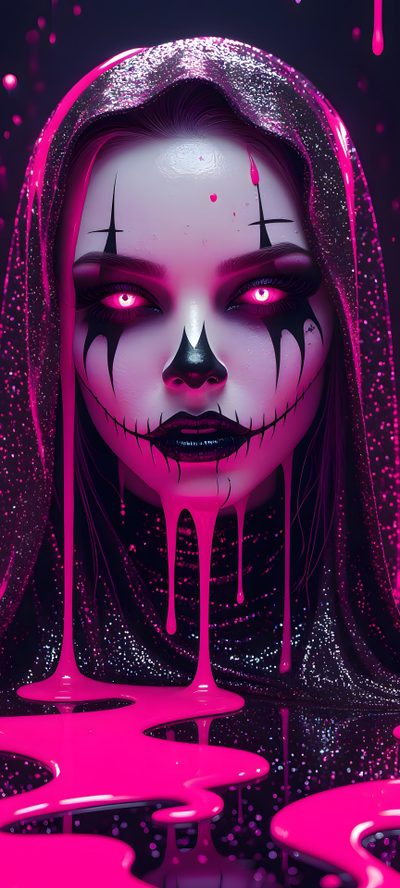 a woman with makeup and pink paint on her face is in the middle of dripping liquid Halloween Baddie Evvi Art, Pink And Black, Trippy Drawings, Lilo And Stitch Quotes, Pink Tattoo, midnight blue