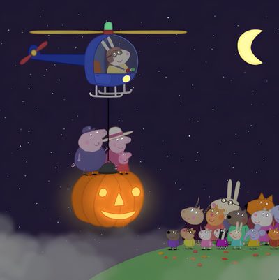 cartoon characters are riding on top of a pumpkin in the sky with a helicopter above them Peppa Pig Halloween Peppa Pig Pumpkin Painting Ideas, Peppa Pig Thanksgiving, Peppa Pig Pumpkin Carving, black