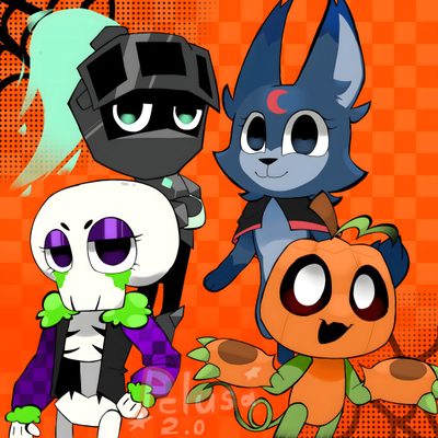 three cartoon characters standing next to each other in front of an orange background with black and white dots Dandys World Halloween Toons Dandys World Halloween Event, Dandys World Halloween, Dandys World Halloween Toon Fanart, chocolate