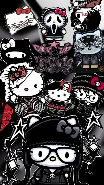 hello kitty stickers are all over the place for this photo to be posted on Hello Kitty Y2k Halloween Nightmare Before Christmas, Hello Kitty Imagenes, Trippy Iphone, black