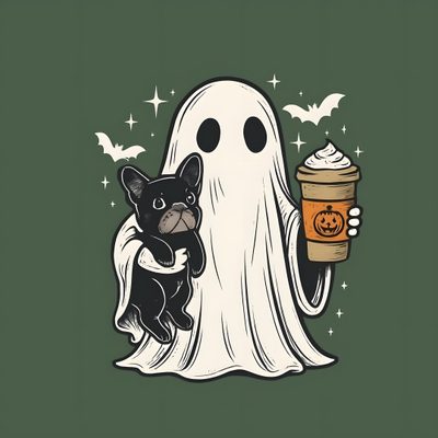 a black dog holding a cup of coffee in front of a ghost Halloween French Bulldog Halloween Dog Ghost, Spooky Dog, Halloween Pug, French Bulldog Fall, dark slate gray