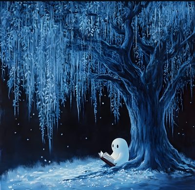 a painting of a ghost reading a book under a tree with icicles hanging from the branches Halloween Ghost Tree Ghost In Tree, Ghost In Tree Drawing, Starry Night Ghost, dark slate gray
