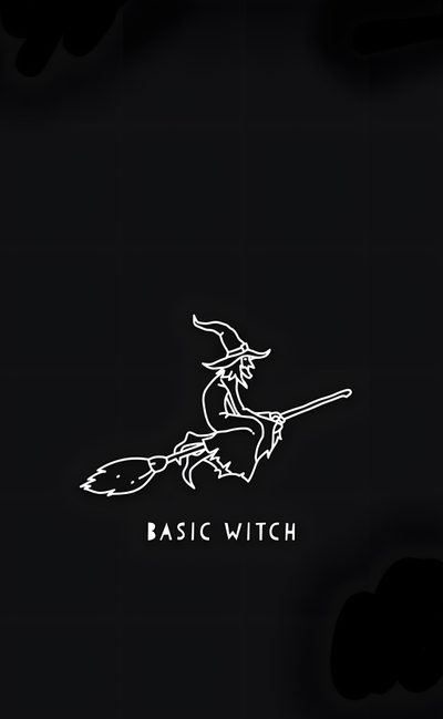 a black and white image of a witch on a broom with the words basic witch Basic Witch Halloween Halloween, Wall, black