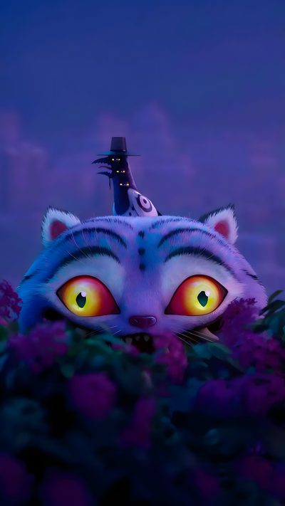 an animated cat with yellow eyes is in the middle of purple flowers and has a black hat on its head Kpdh Halloween Luck Cat Movie, Cheshire Cat Movie, Cheshire Cat Animated Movie, dark slate blue