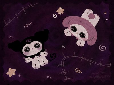 two cartoon characters are flying in the air together on a purple background with swirls and stars Kuromi Halloween Desktop Animes, Sanrio, Apple Watch, Laptop, Creepy Cute, Pc, black