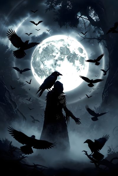 a person standing in front of a full moon with crows flying around it and the sky is dark Halloween Crow Dark Custom Gothic Rose, Gothic Horror, Over The Moon, Character Design, dark slate gray
